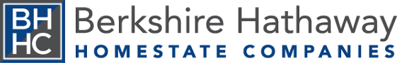 Logo of a company called "Berkshire Hathaway" in grey font and "HOMESTATE COMPANIES" In blue font, with an icon on the left with Initials BHHC on a combined background of grey and blue - first priority insurance