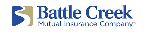 Logo of a company called "Battle Creek Mutual Insurance Company" Its blue text on a white background with an icon on the left side - first priority insurance