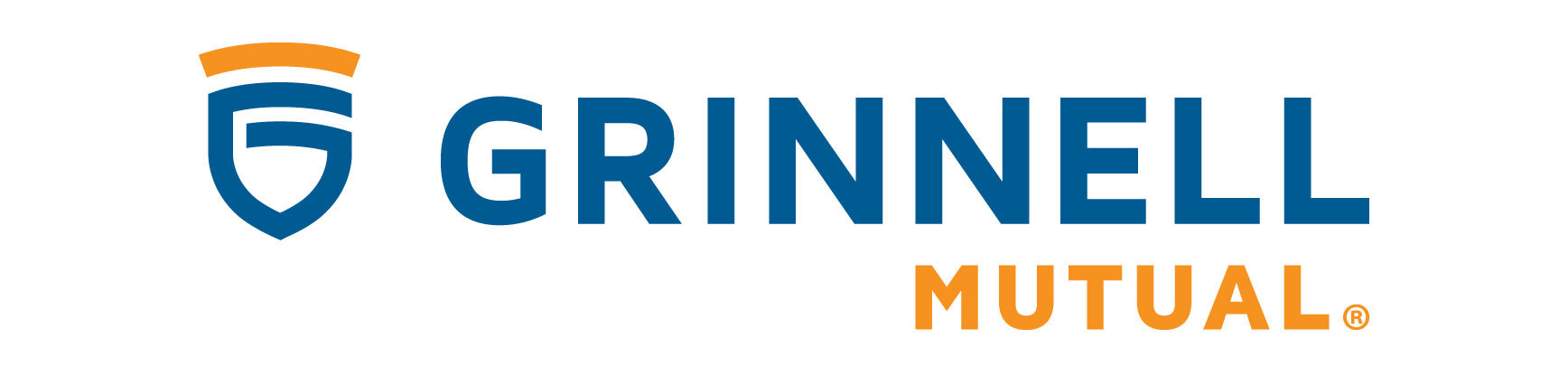Logo of a company called "Grinnell Mutual" The first word is in the color dark blue and the latter is in orange font- first priority insurance