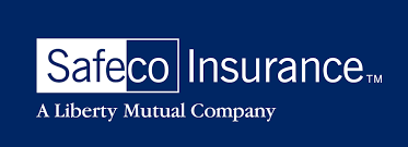 Logo of a company called "Safeco Insurance with white font on a dark blue background with the text under "A Liberty Mutual Company" - first priority insurance