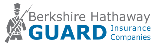 Logo of a company with a grey drawn guard on the left with a gun called "Berkshire Hathaway" with grey font and "GUARD Insurance Companies" with blue font - first priority insurance