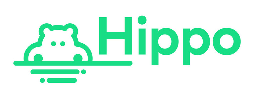a green logo of a head of a hippo under water on the left of a company called "Hippo" - first priority insurance
