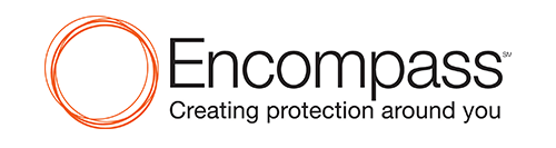 a Logo of a company called Encompass it has an orange drawn circle on the left side with a subtitle "Creating protection around you"