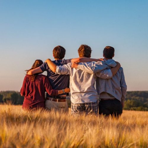 Picture of a group of teens hugging on a sunny field - first priority insurance